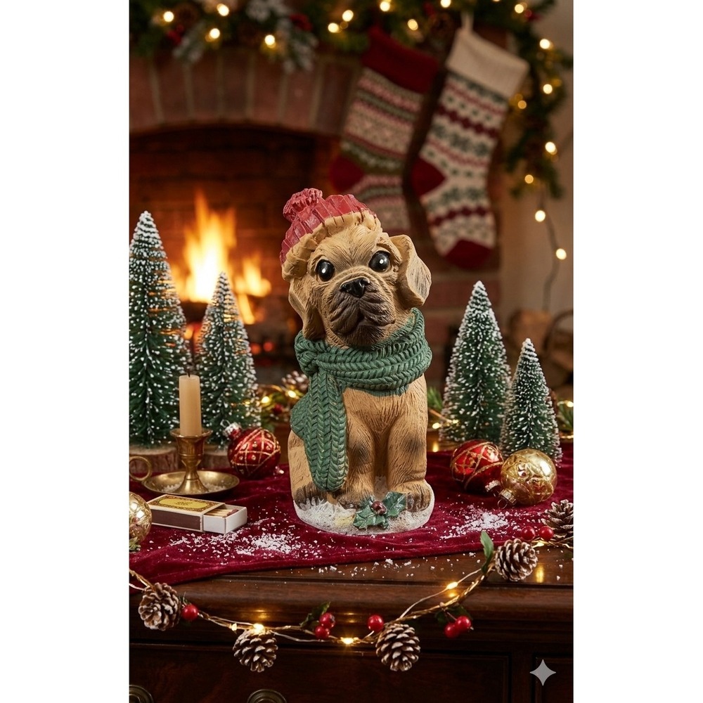 Christmas Puppy Dog Figurine Red Hat Green Scarf Holiday Resin Decor 4 Inch